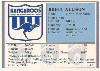 1992 AFL Regina #47 Brett Allison Back